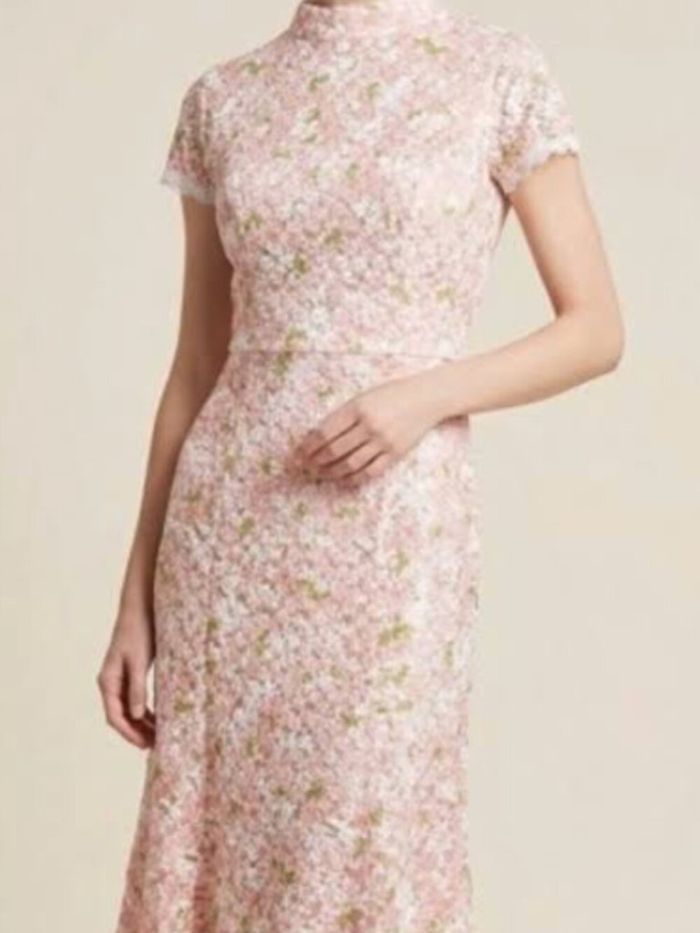 B.RIGHT Pink Floral Embroidered Sheer Overlay Mock Neck Midi Dress Women size L